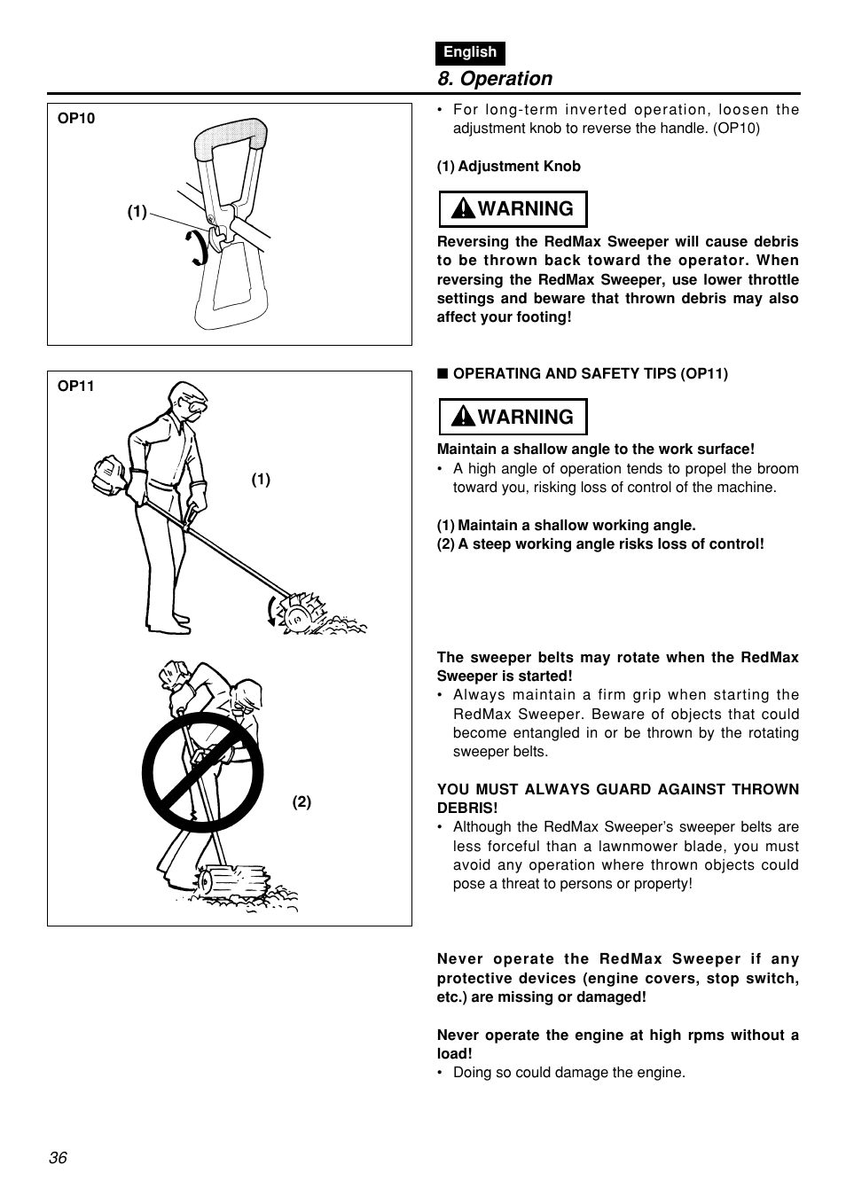 Operation, Warning | Zenoah RMSZ2601-CA User Manual | Page 36 / 64