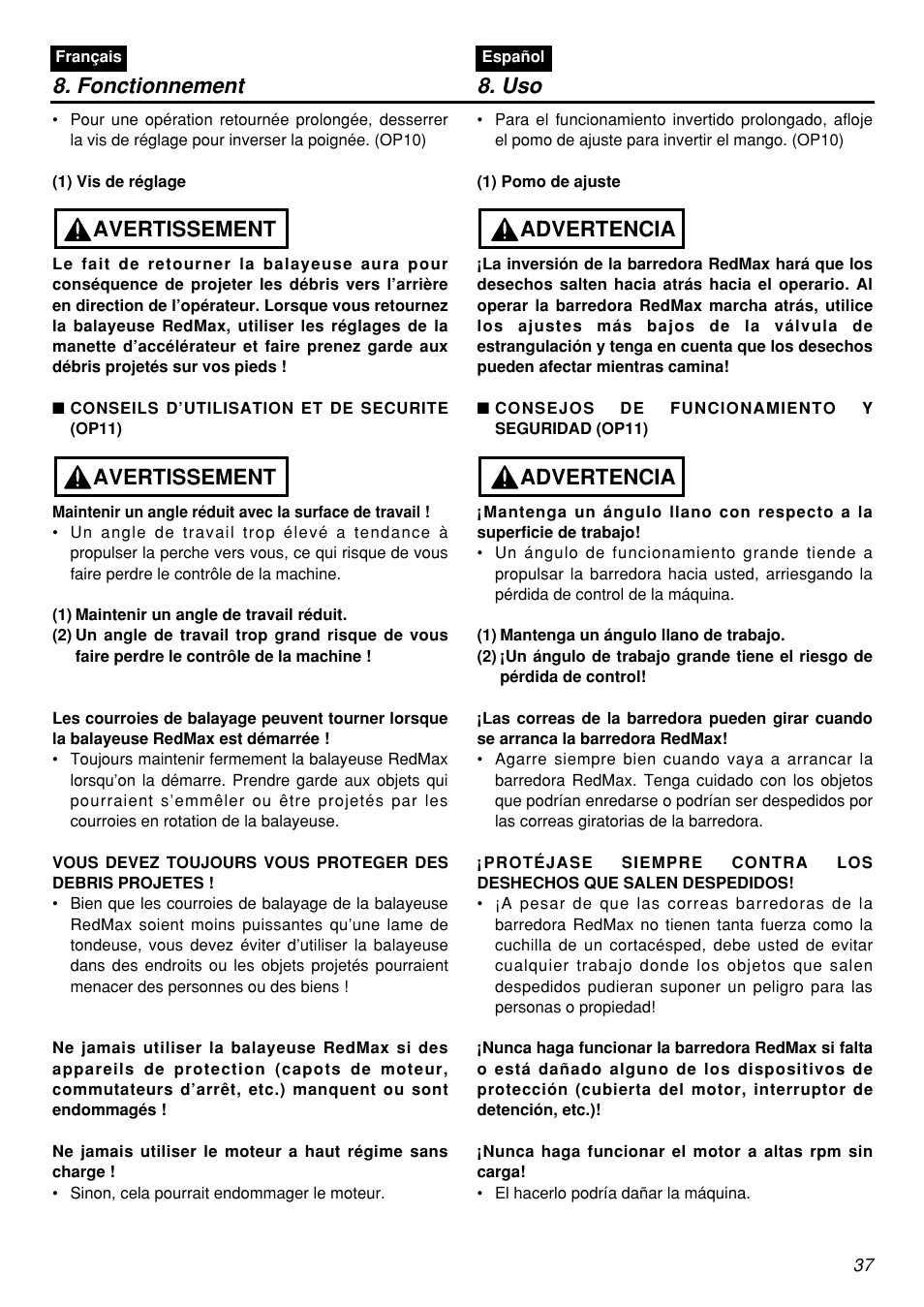 Avertissement, Advertencia, Advertencia 8. fonctionnement 8. uso | Zenoah RMSZ2601-CA User Manual | Page 37 / 64