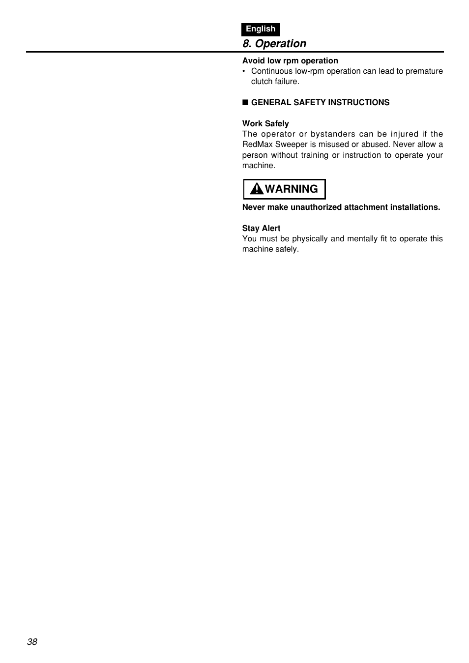 Operation, Warning | Zenoah RMSZ2601-CA User Manual | Page 38 / 64