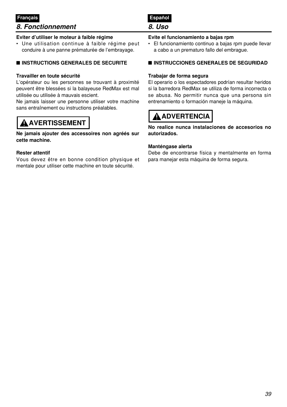 Avertissement, Advertencia 8. fonctionnement 8. uso | Zenoah RMSZ2601-CA User Manual | Page 39 / 64