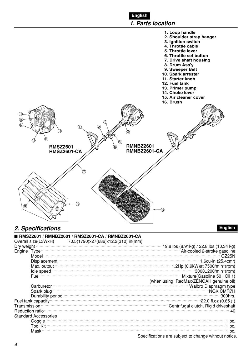 Parts location, Specifications | Zenoah RMSZ2601-CA User Manual | Page 4 / 64