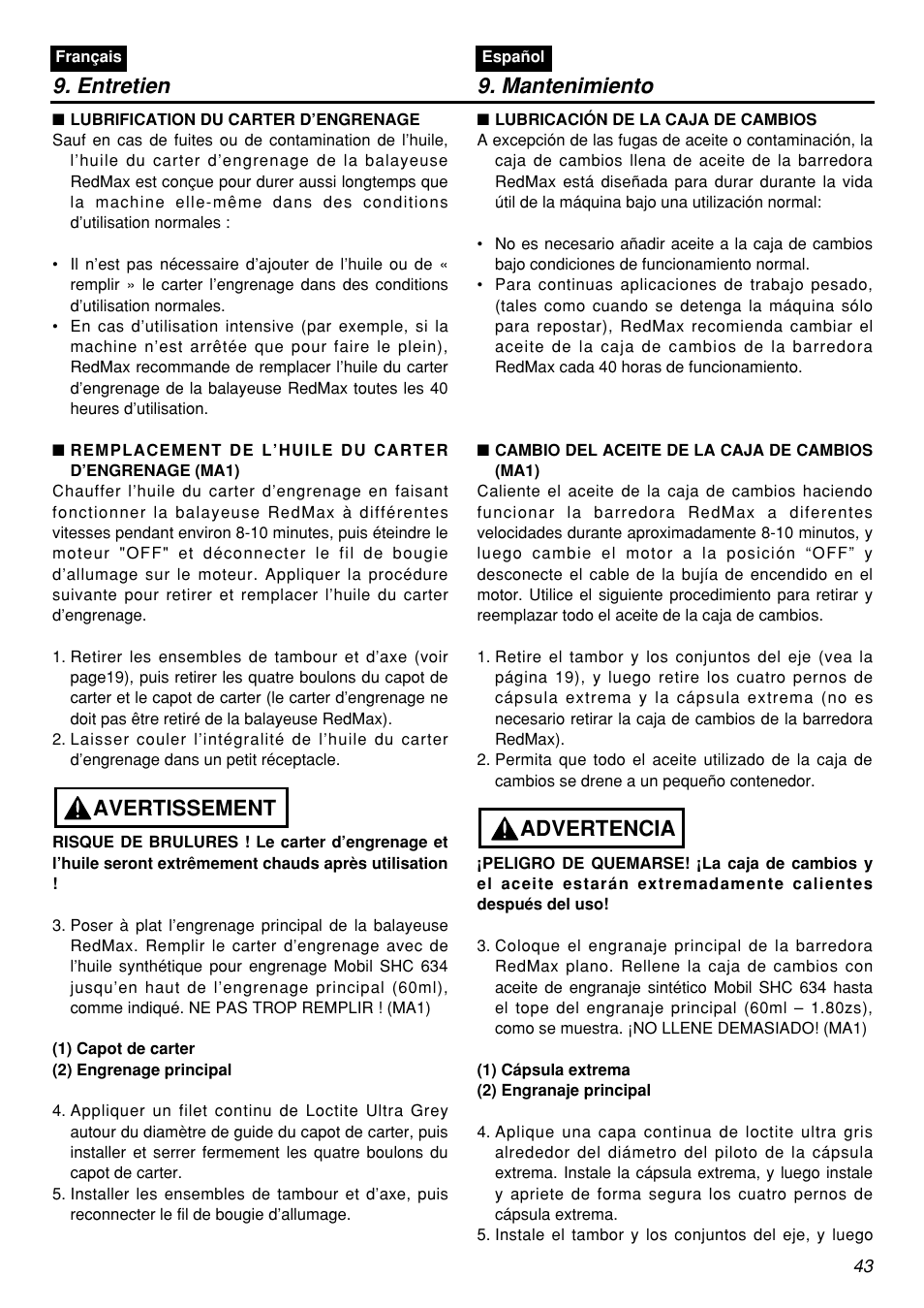 Entretien 9. mantenimiento, Avertissement, Advertencia | Zenoah RMSZ2601-CA User Manual | Page 43 / 64