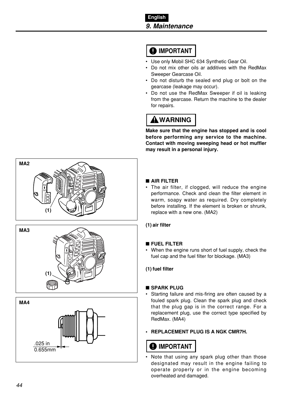 Maintenance, Important warning important | Zenoah RMSZ2601-CA User Manual | Page 44 / 64