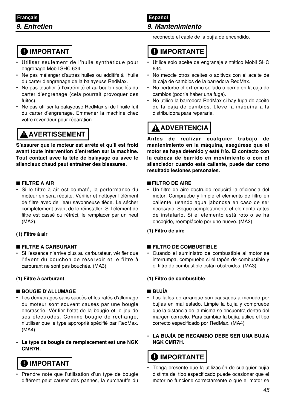 Entretien 9. mantenimiento, Important avertissement important, Importante advertencia importante | Zenoah RMSZ2601-CA User Manual | Page 45 / 64