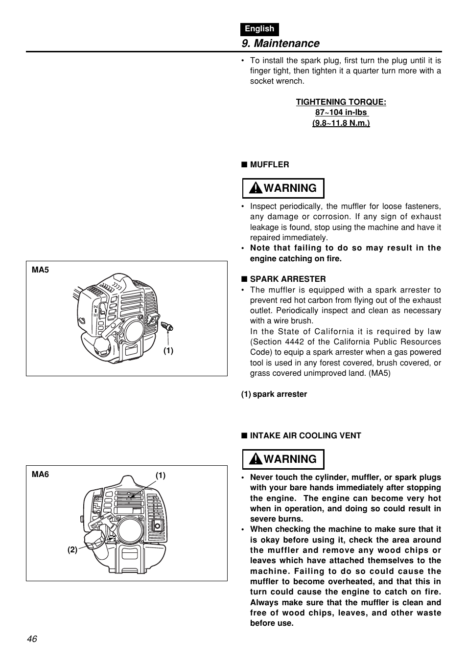 Maintenance, Warning | Zenoah RMSZ2601-CA User Manual | Page 46 / 64