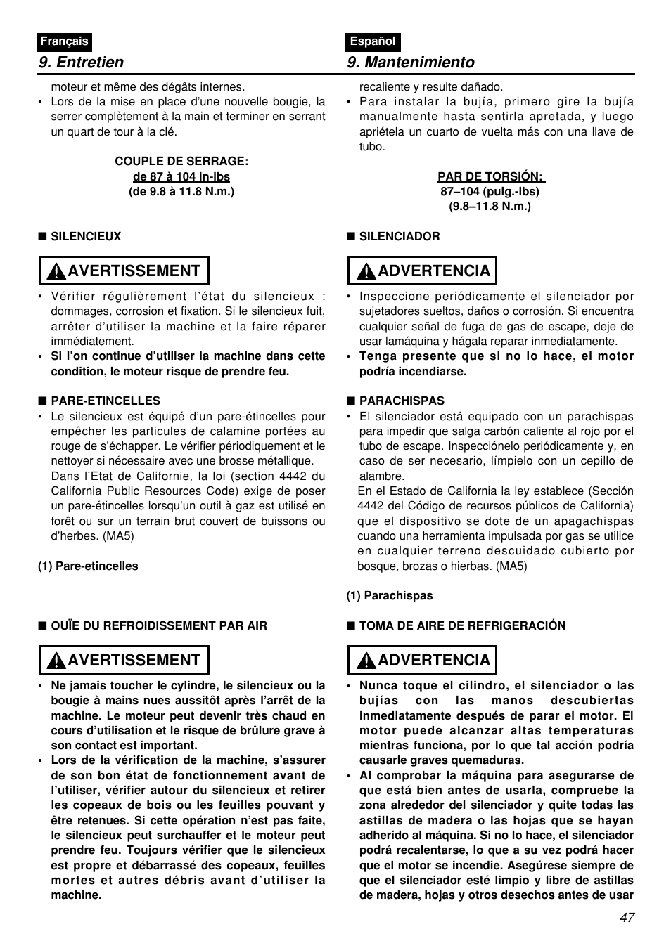 Entretien 9. mantenimiento, Avertissement, Advertencia | Zenoah RMSZ2601-CA User Manual | Page 47 / 64