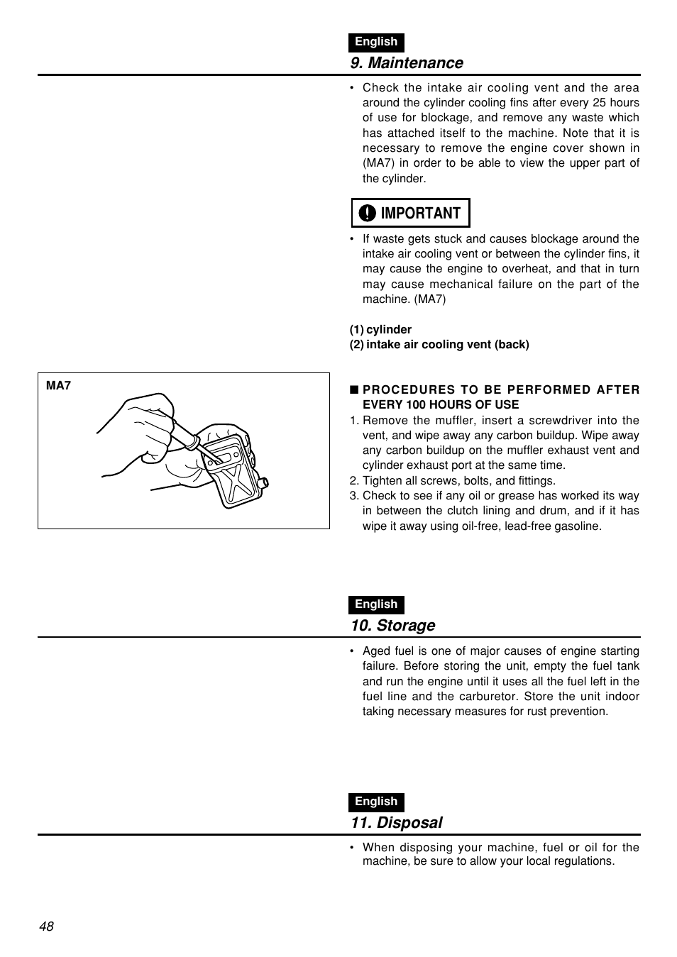 Maintenance, Important, Storage | Disposal | Zenoah RMSZ2601-CA User Manual | Page 48 / 64