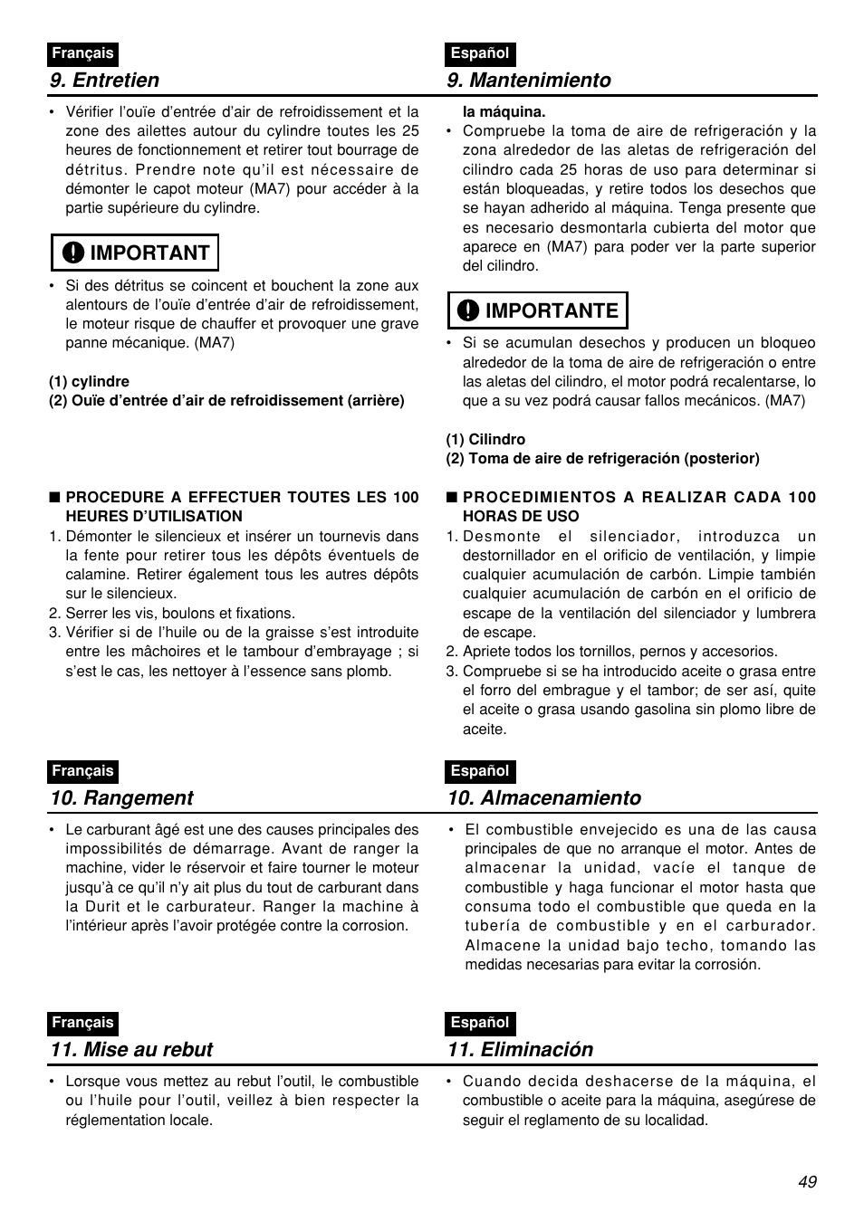 Entretien 9. mantenimiento, Important, Importante | Rangement 10. almacenamiento, Mise au rebut 11. eliminación | Zenoah RMSZ2601-CA User Manual | Page 49 / 64