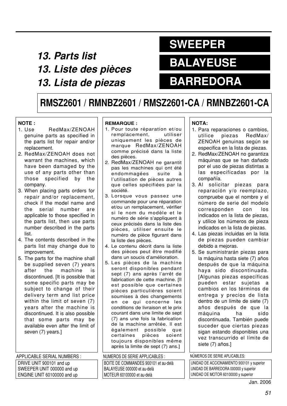 Sweeper balayeuse barredora | Zenoah RMSZ2601-CA User Manual | Page 51 / 64