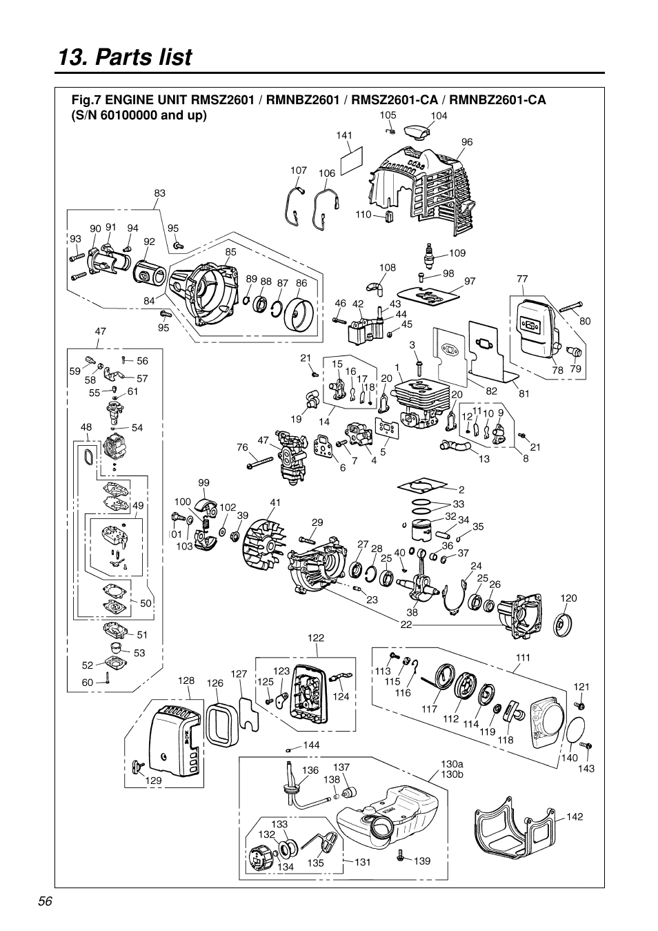 Parts list | Zenoah RMSZ2601-CA User Manual | Page 56 / 64