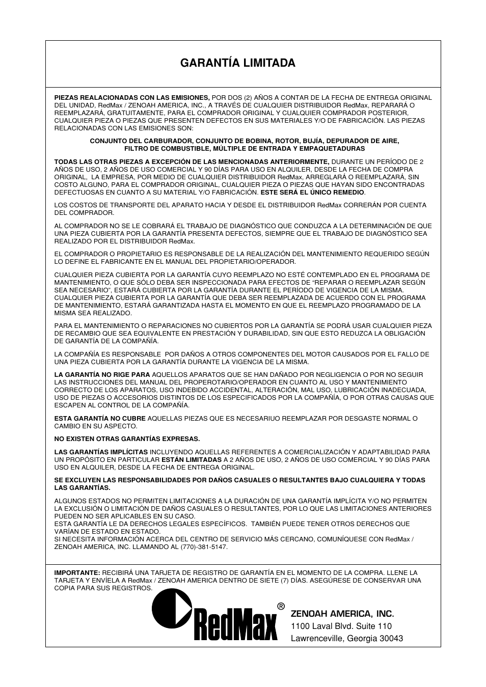 Garantía limitada | Zenoah RMSZ2601-CA User Manual | Page 63 / 64