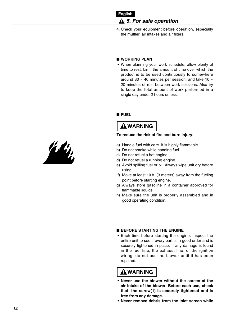 Warning, Warning 5. for safe operation | Zenoah HBZ2601-CA User Manual | Page 12 / 52