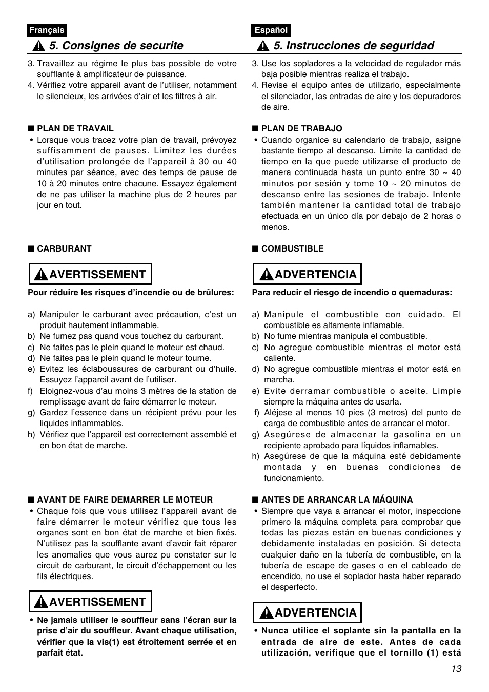 Avertissement, Advertencia | Zenoah HBZ2601-CA User Manual | Page 13 / 52