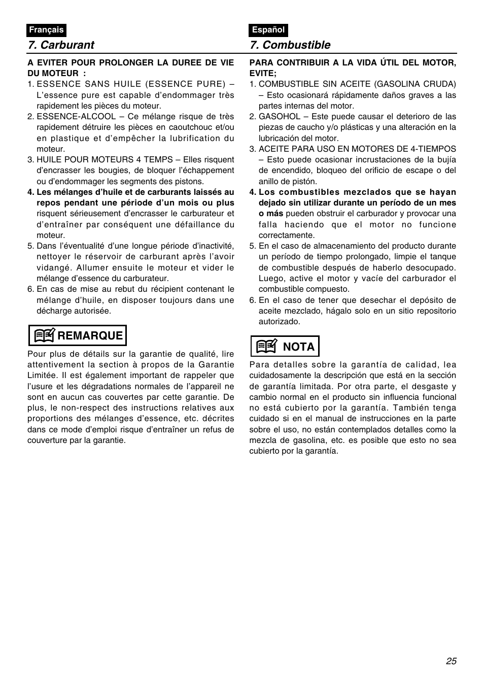 Remarque, Nota 7. carburant 7. combustible | Zenoah HBZ2601-CA User Manual | Page 25 / 52
