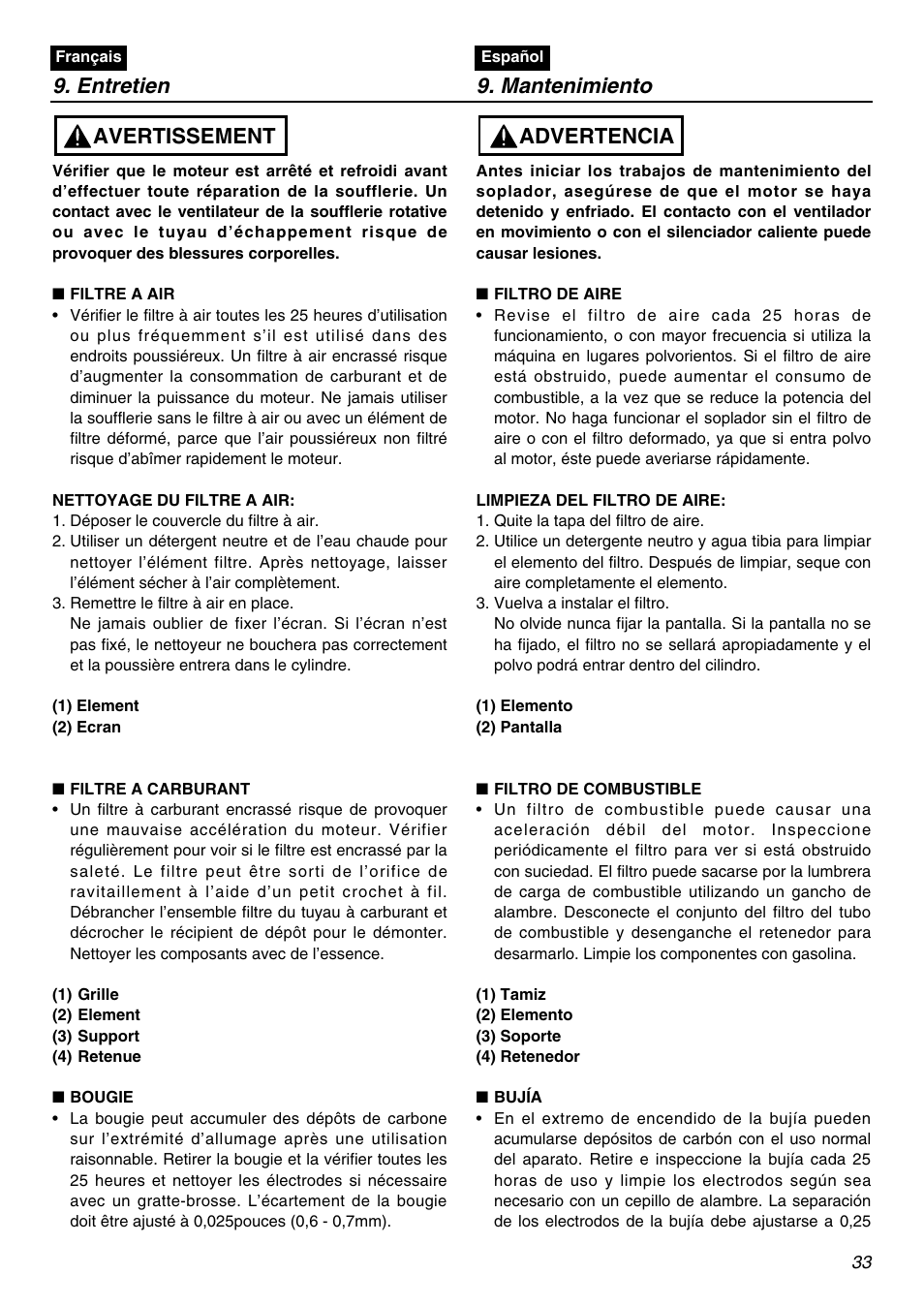 Entretien 9. mantenimiento, Avertissement, Advertencia | Zenoah HBZ2601-CA User Manual | Page 33 / 52