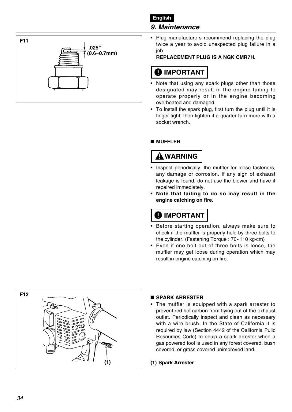 Maintenance, Important warning important | Zenoah HBZ2601-CA User Manual | Page 34 / 52