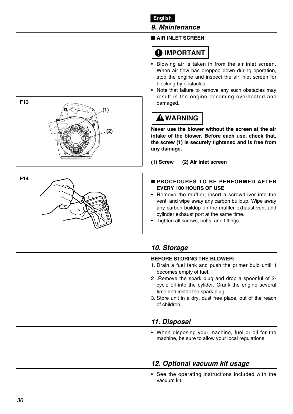 Maintenance, Warning important, Storage 11. disposal | Optional vacuum kit usage | Zenoah HBZ2601-CA User Manual | Page 36 / 52