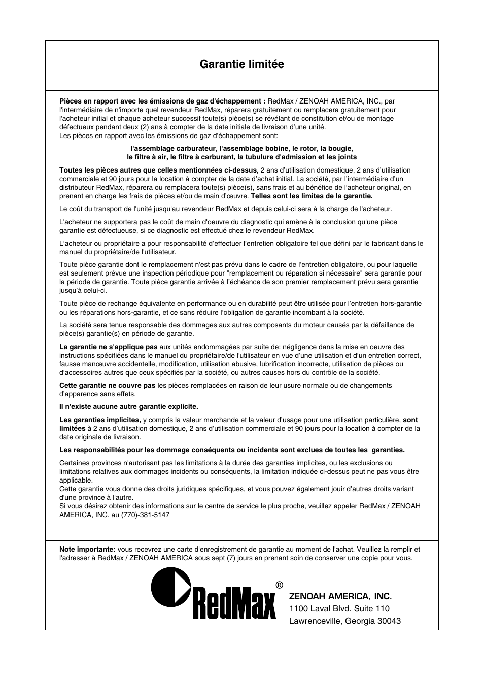 Garantie limitée | Zenoah HBZ2601-CA User Manual | Page 48 / 52