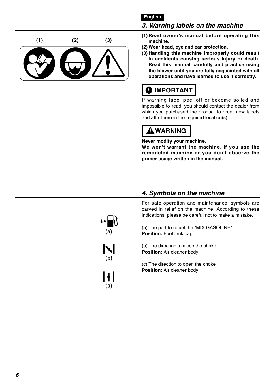 Warning labels on the machine, Warning important 4. symbols on the machine | Zenoah HBZ2601-CA User Manual | Page 6 / 52