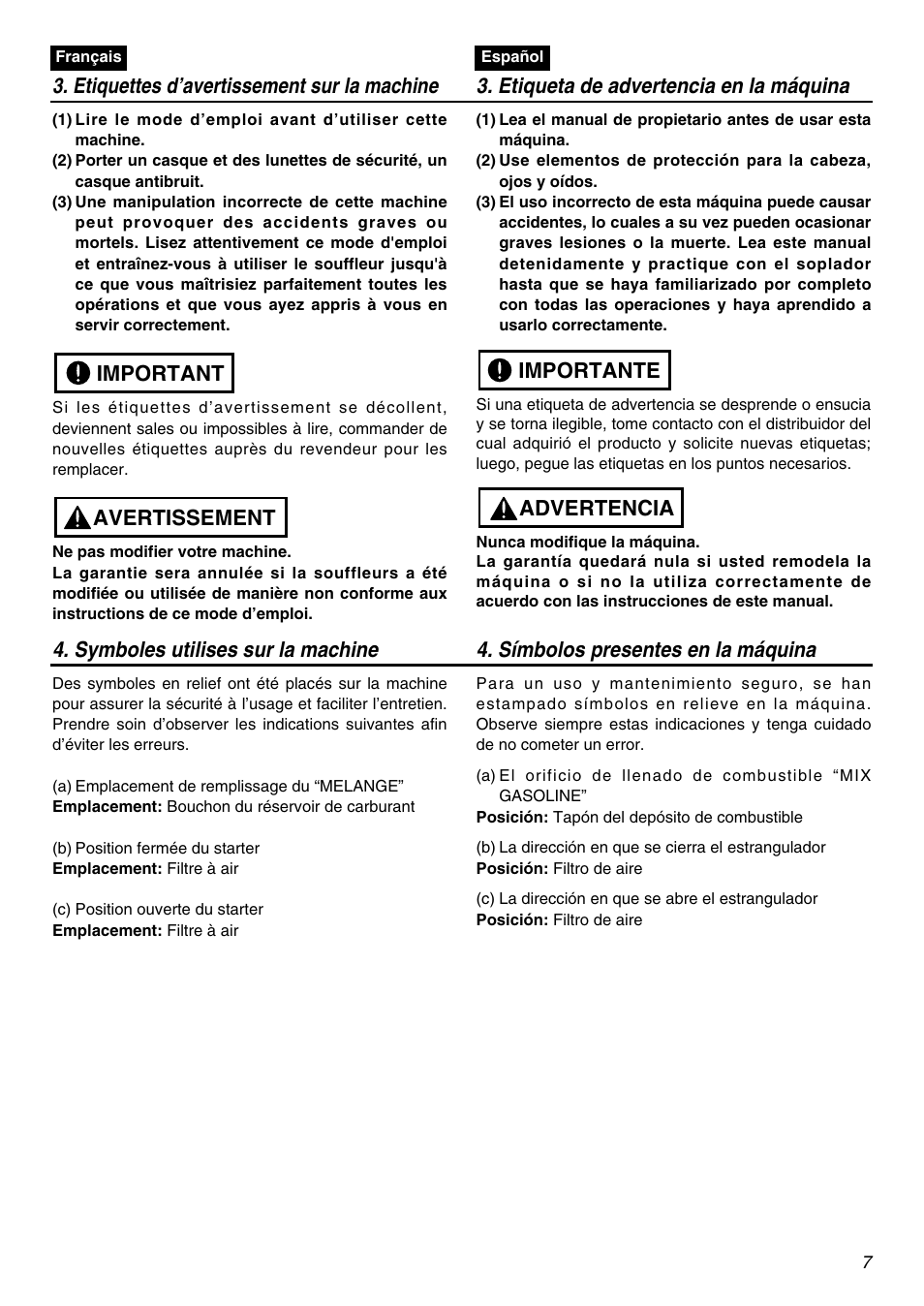 Avertissement important | Zenoah HBZ2601-CA User Manual | Page 7 / 52