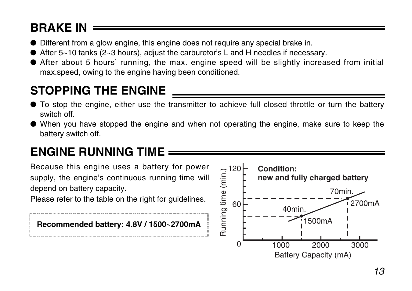 Stopping the engine, Engine running time, Brake in | Zenoah G200PU User Manual | Page 13 / 20