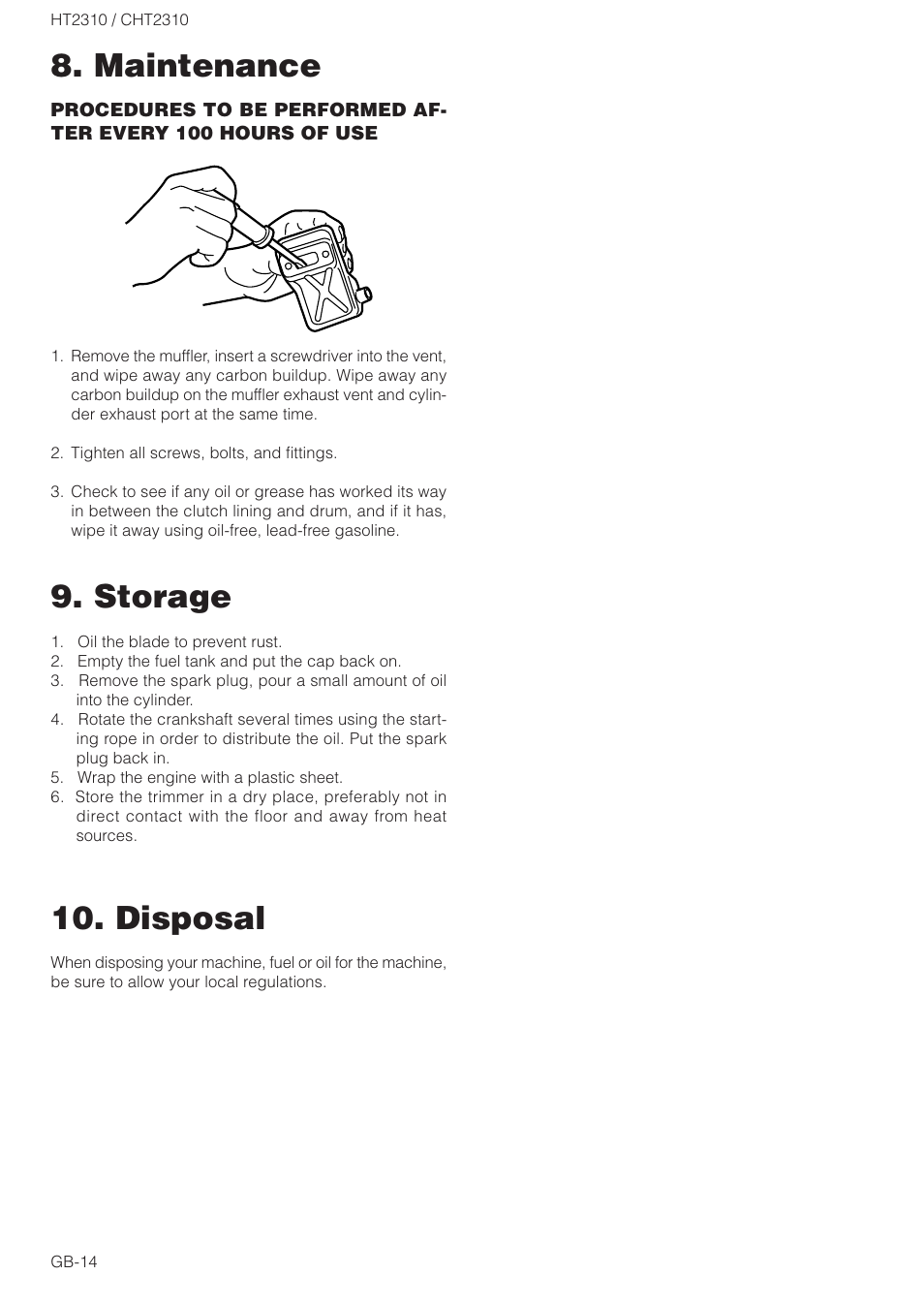 Storage, Maintenance 10. disposal | Zenoah HT2310 User Manual | Page 14 / 15