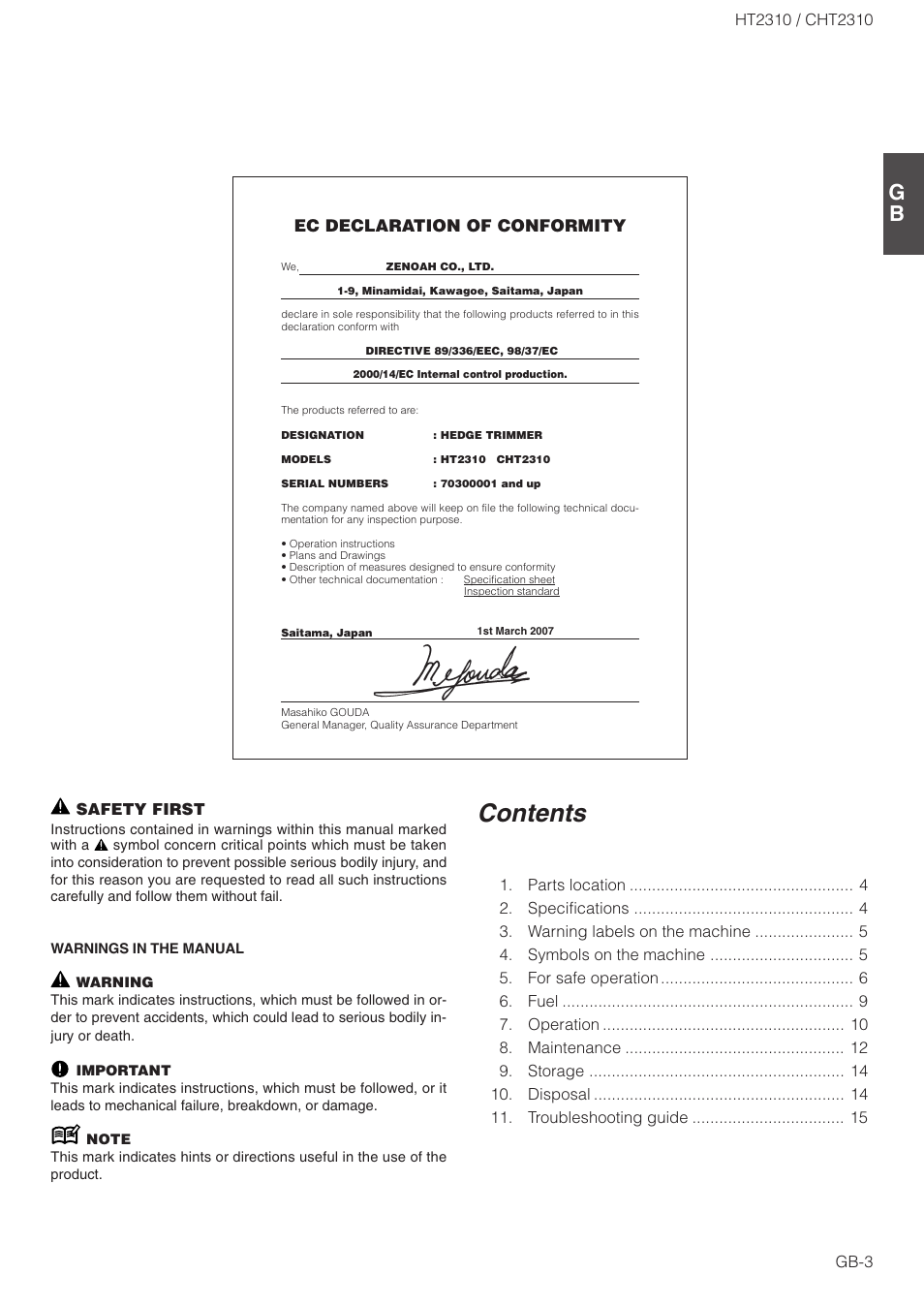 Zenoah HT2310 User Manual | Page 3 / 15