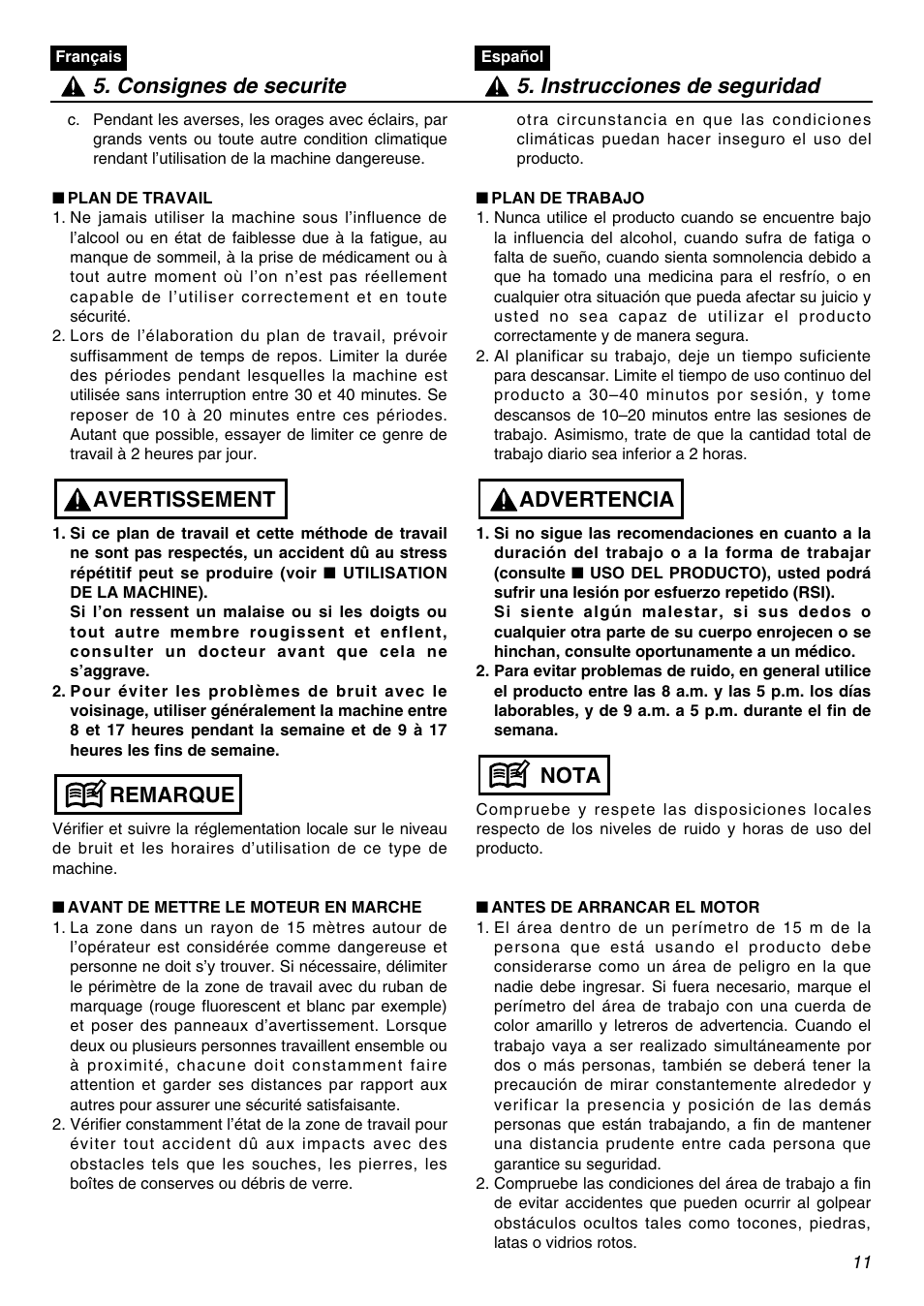 Remarque avertissement | Zenoah BCZ2601SU User Manual | Page 11 / 64