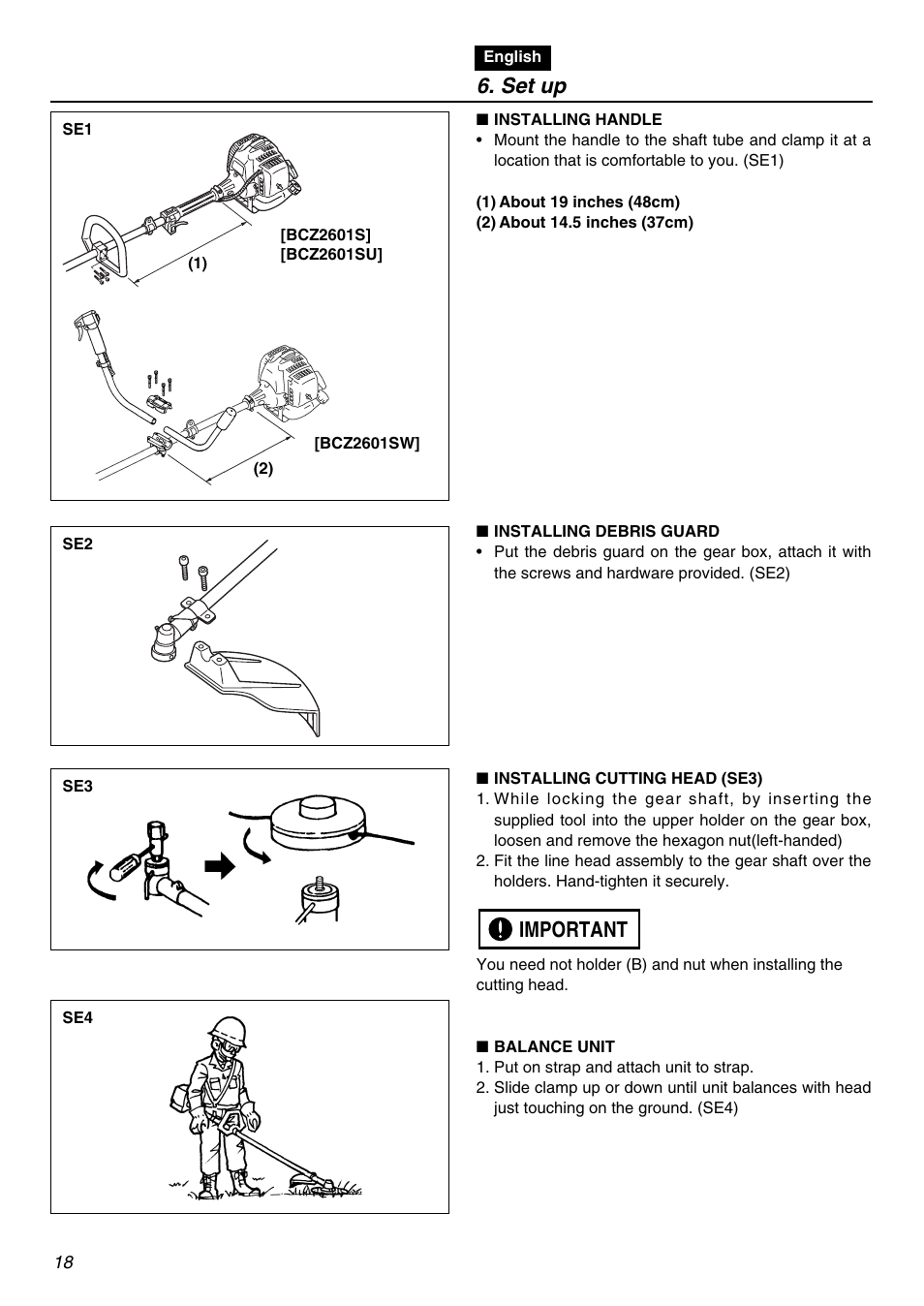 Set up, Important | Zenoah BCZ2601SU User Manual | Page 18 / 64
