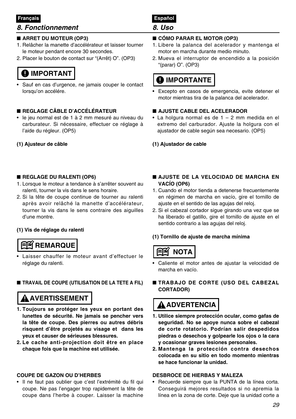 Fonctionnement 8. uso, Avertissement remarque important, Advertencia nota importante | Zenoah BCZ2601SU User Manual | Page 29 / 64