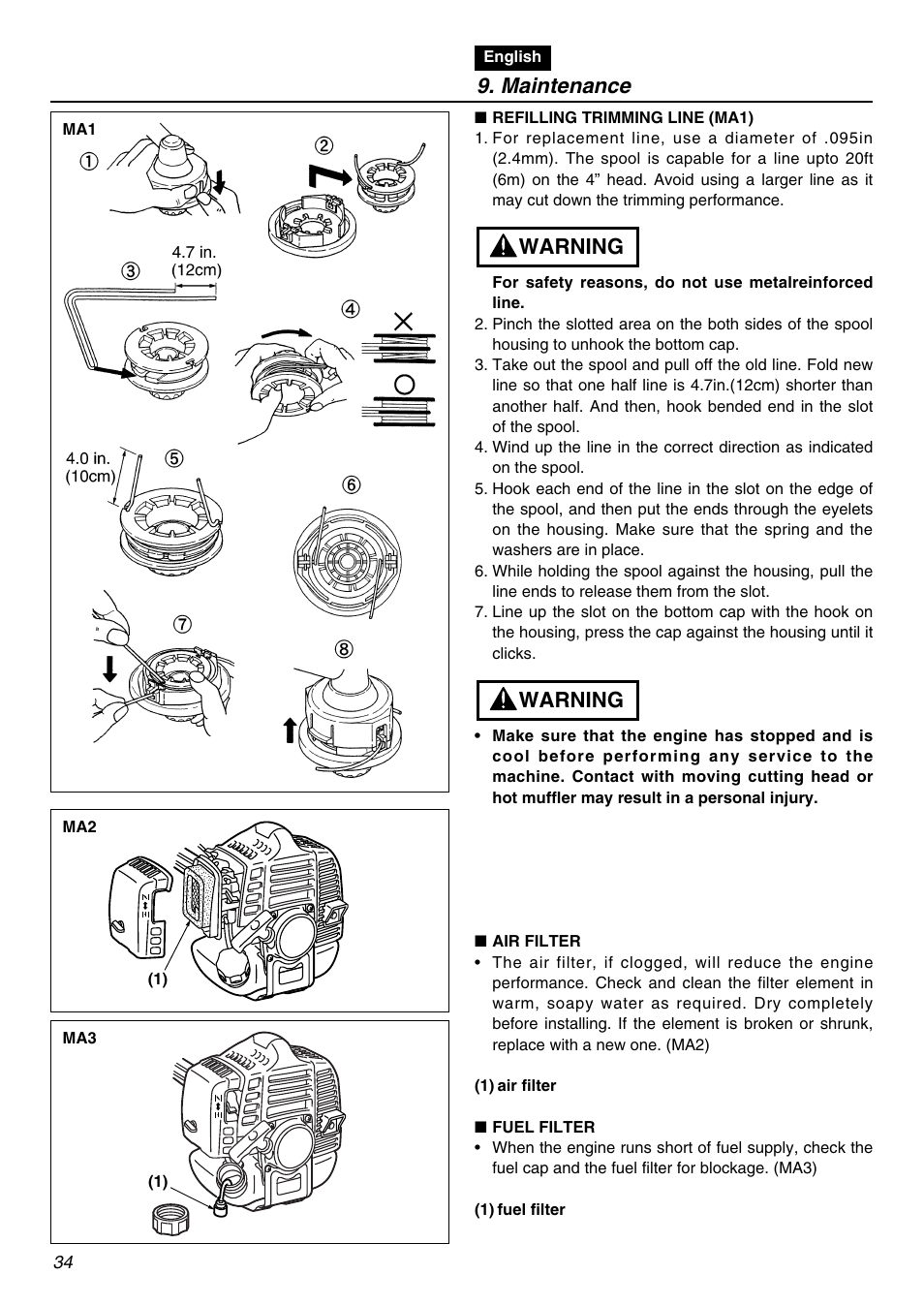 Maintenance, Warning | Zenoah BCZ2601SU User Manual | Page 34 / 64