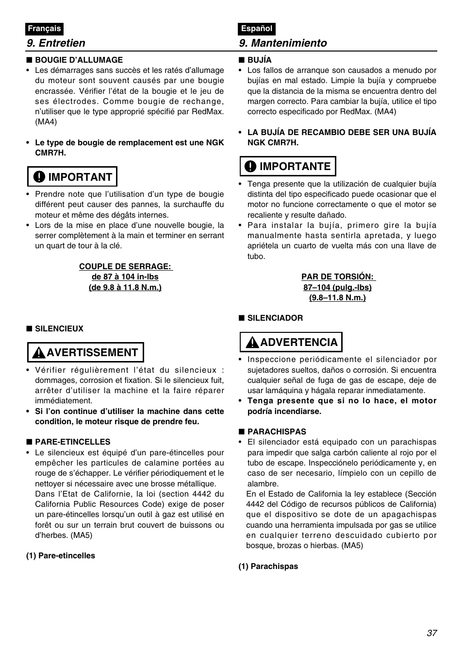 Entretien 9. mantenimiento, Avertissement important, Advertencia importante | Zenoah BCZ2601SU User Manual | Page 37 / 64