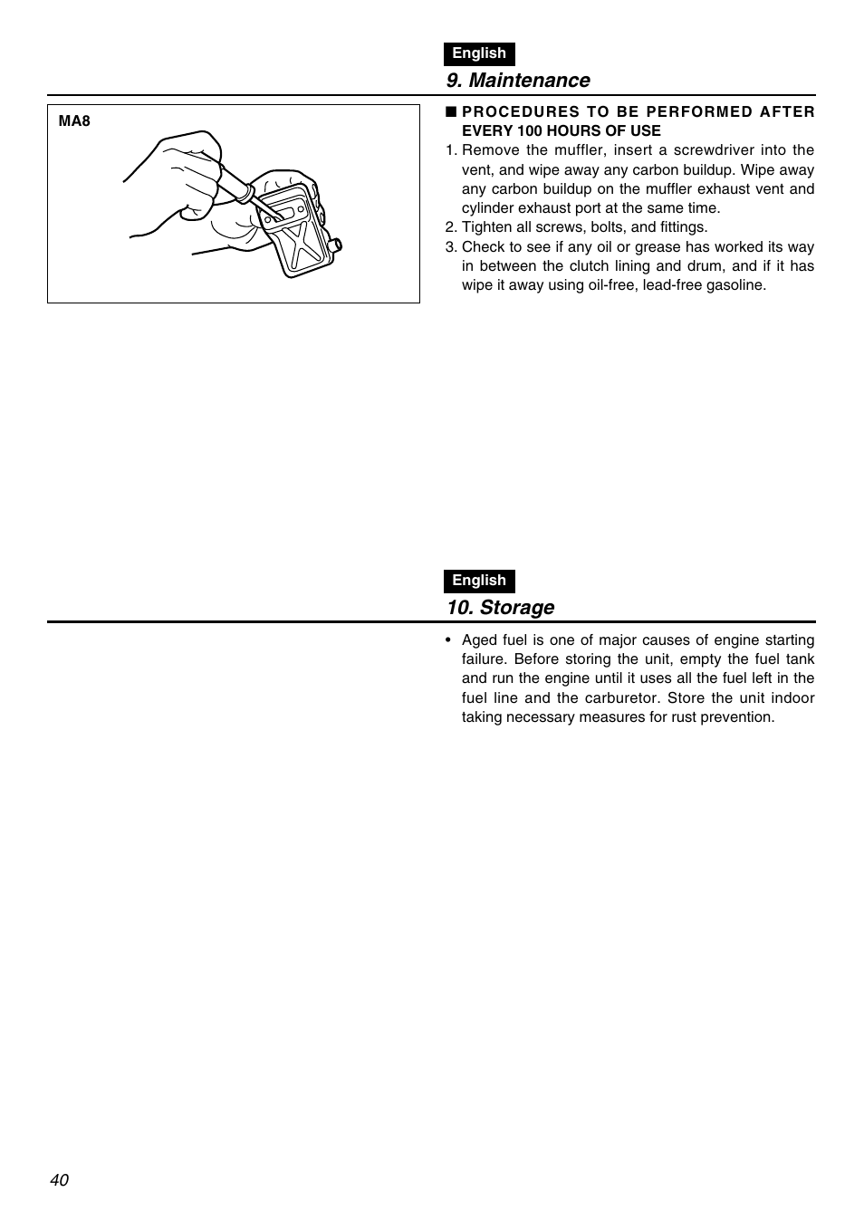 Maintenance, Storage | Zenoah BCZ2601SU User Manual | Page 40 / 64