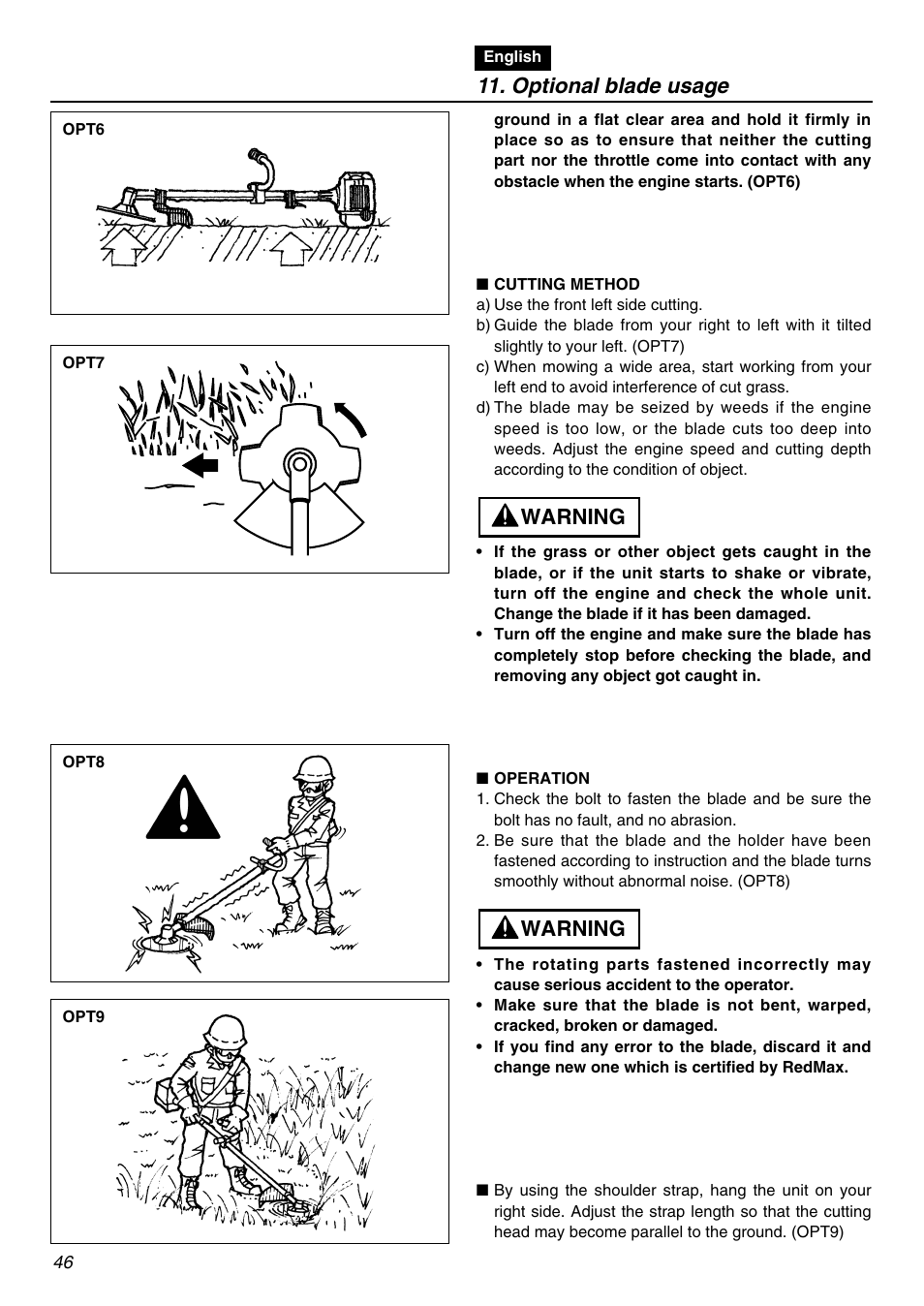 Optional blade usage, Warning | Zenoah BCZ2601SU User Manual | Page 46 / 64