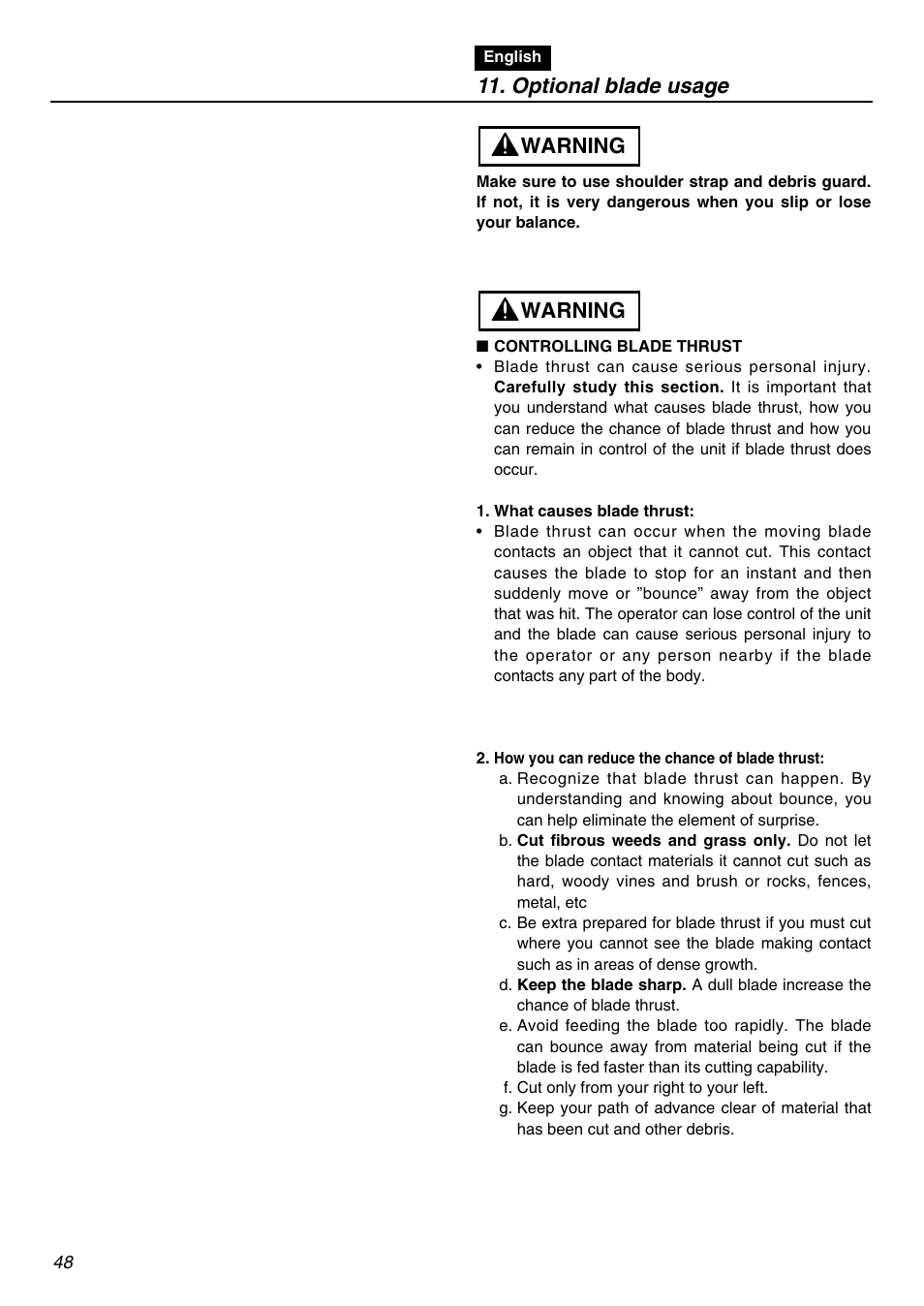 Optional blade usage, Warning | Zenoah BCZ2601SU User Manual | Page 48 / 64