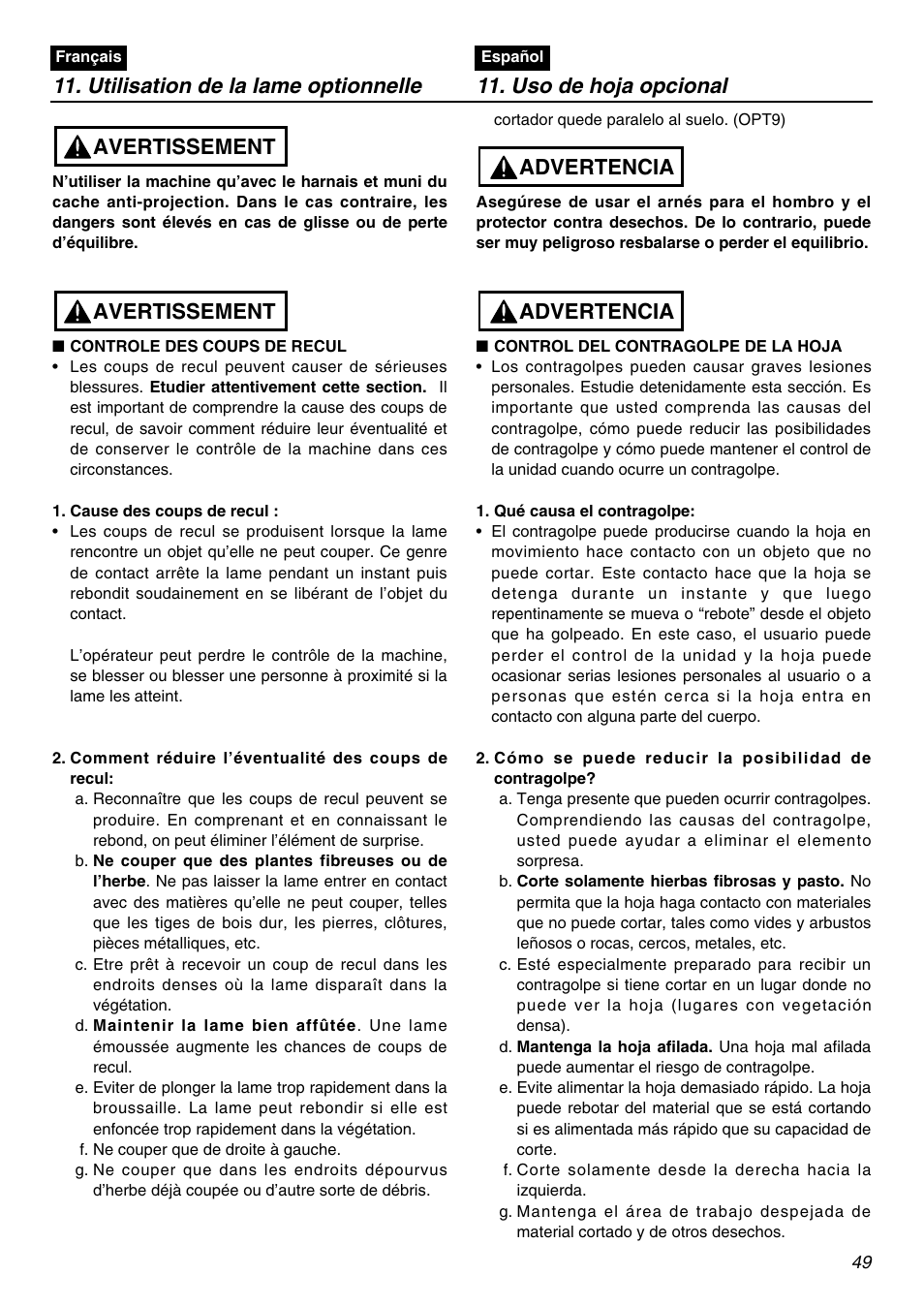 Avertissement, Advertencia | Zenoah BCZ2601SU User Manual | Page 49 / 64