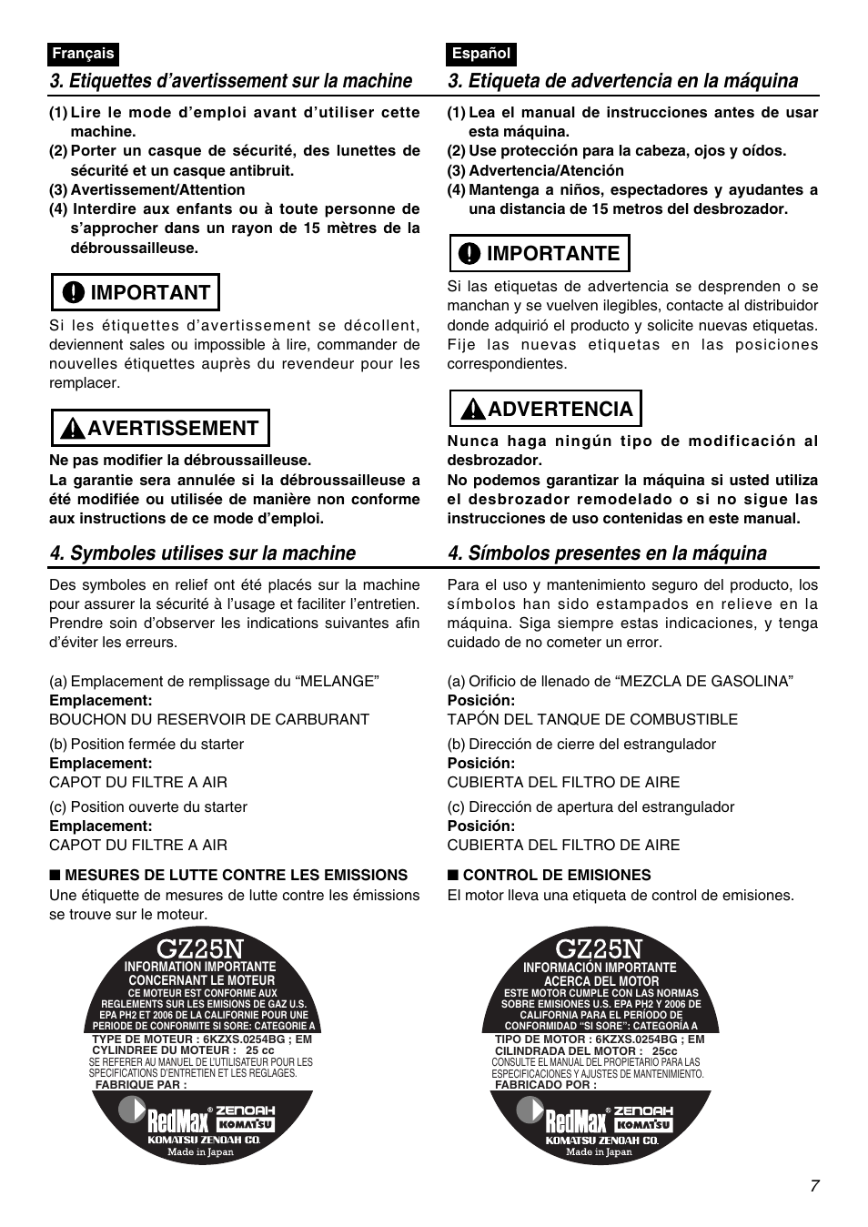 Avertissement important, Advertencia importante | Zenoah BCZ2601SU User Manual | Page 7 / 64