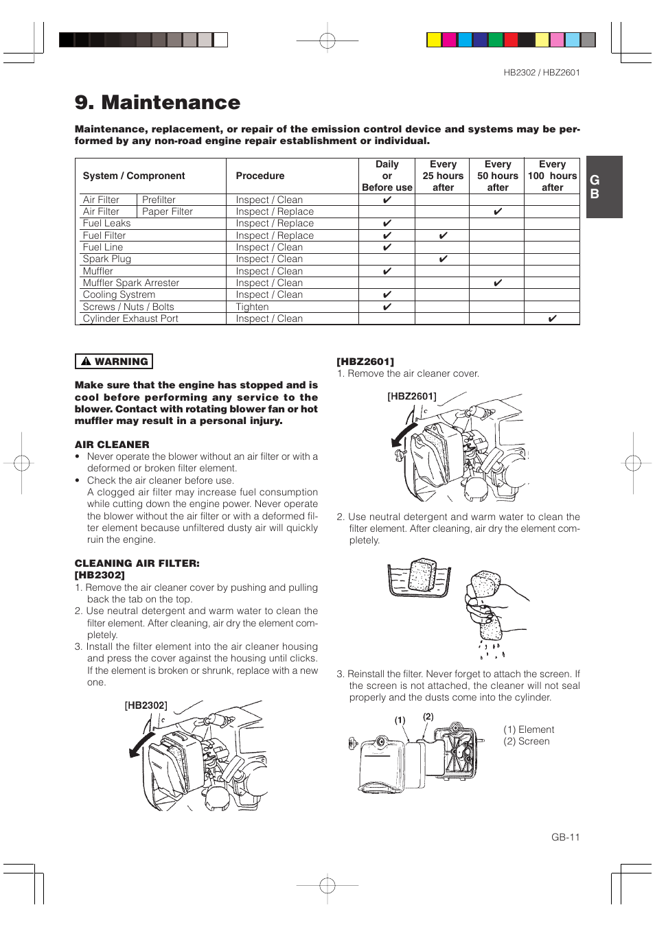 Maintenance | Zenoah HBZ2601 User Manual | Page 11 / 16