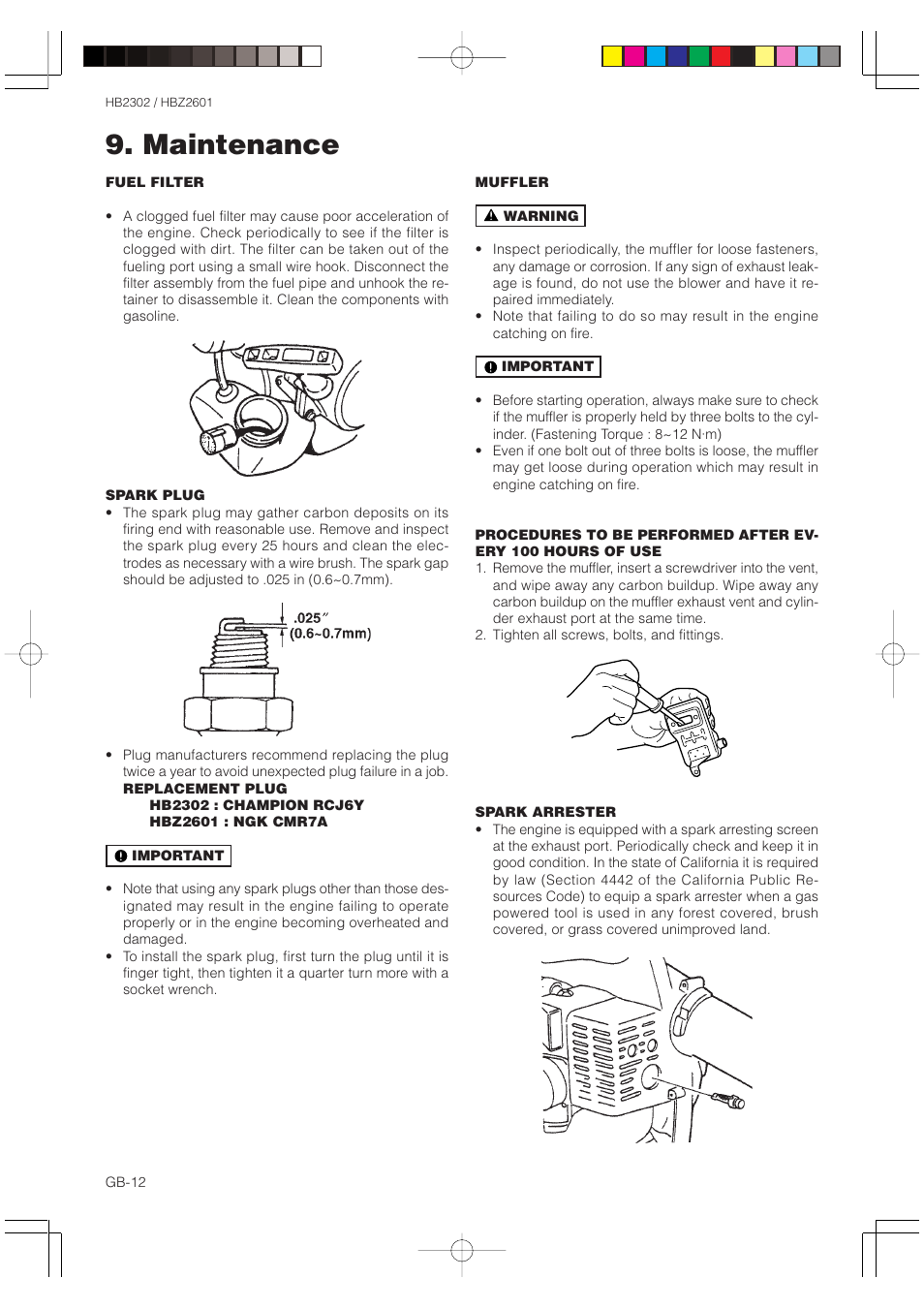 Maintenance | Zenoah HBZ2601 User Manual | Page 12 / 16