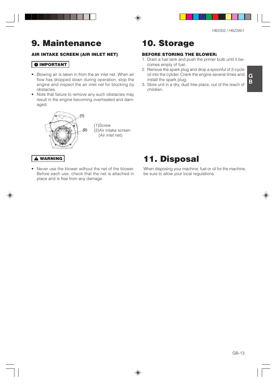 Maintenance 10. storage, Disposal | Zenoah HBZ2601 User Manual | Page 13 / 16