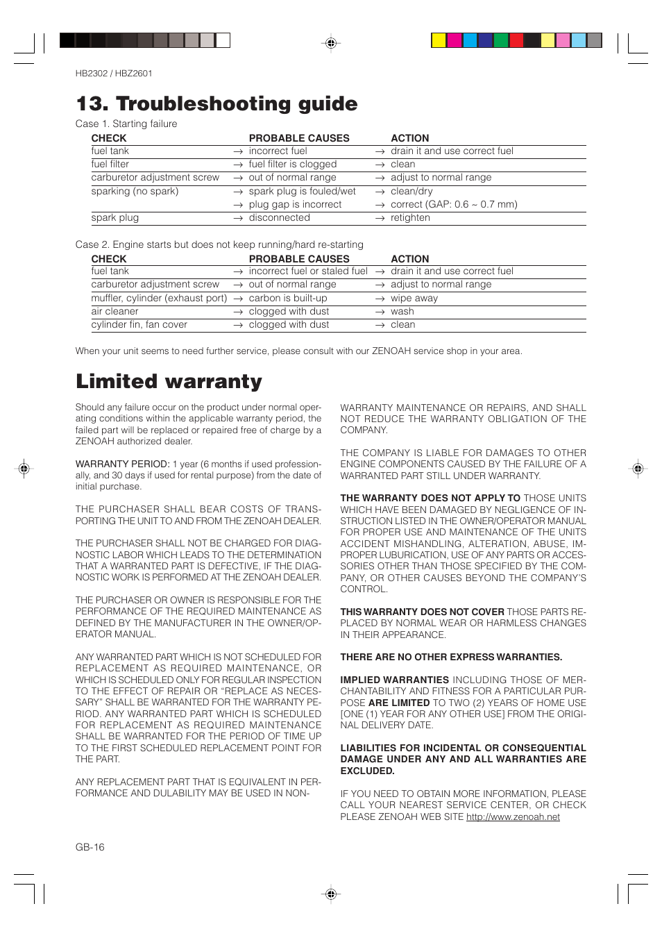 Limited warranty, Troubleshooting guide | Zenoah HBZ2601 User Manual | Page 16 / 16
