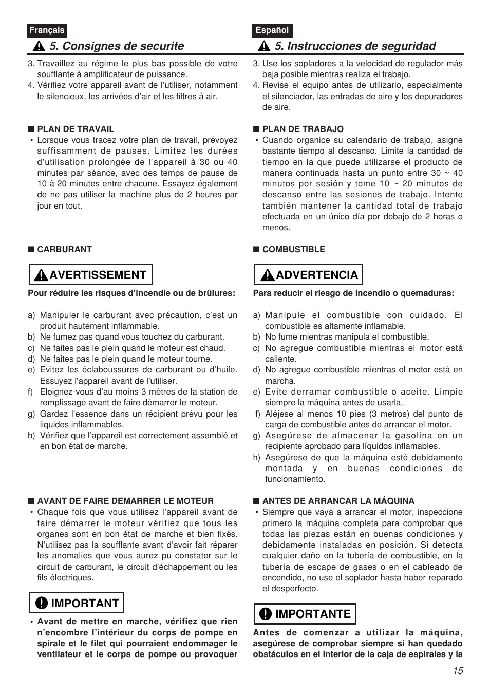 Important avertissement | Zenoah EBZ7001-CA User Manual | Page 15 / 60