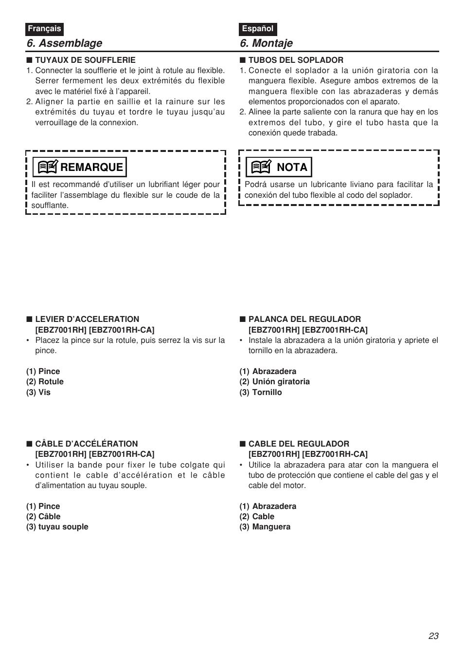 Assemblage 6. montaje, Remarque, Nota | Zenoah EBZ7001-CA User Manual | Page 23 / 60