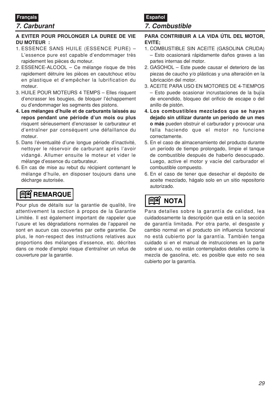 Remarque, Nota 7. carburant 7. combustible | Zenoah EBZ7001-CA User Manual | Page 29 / 60