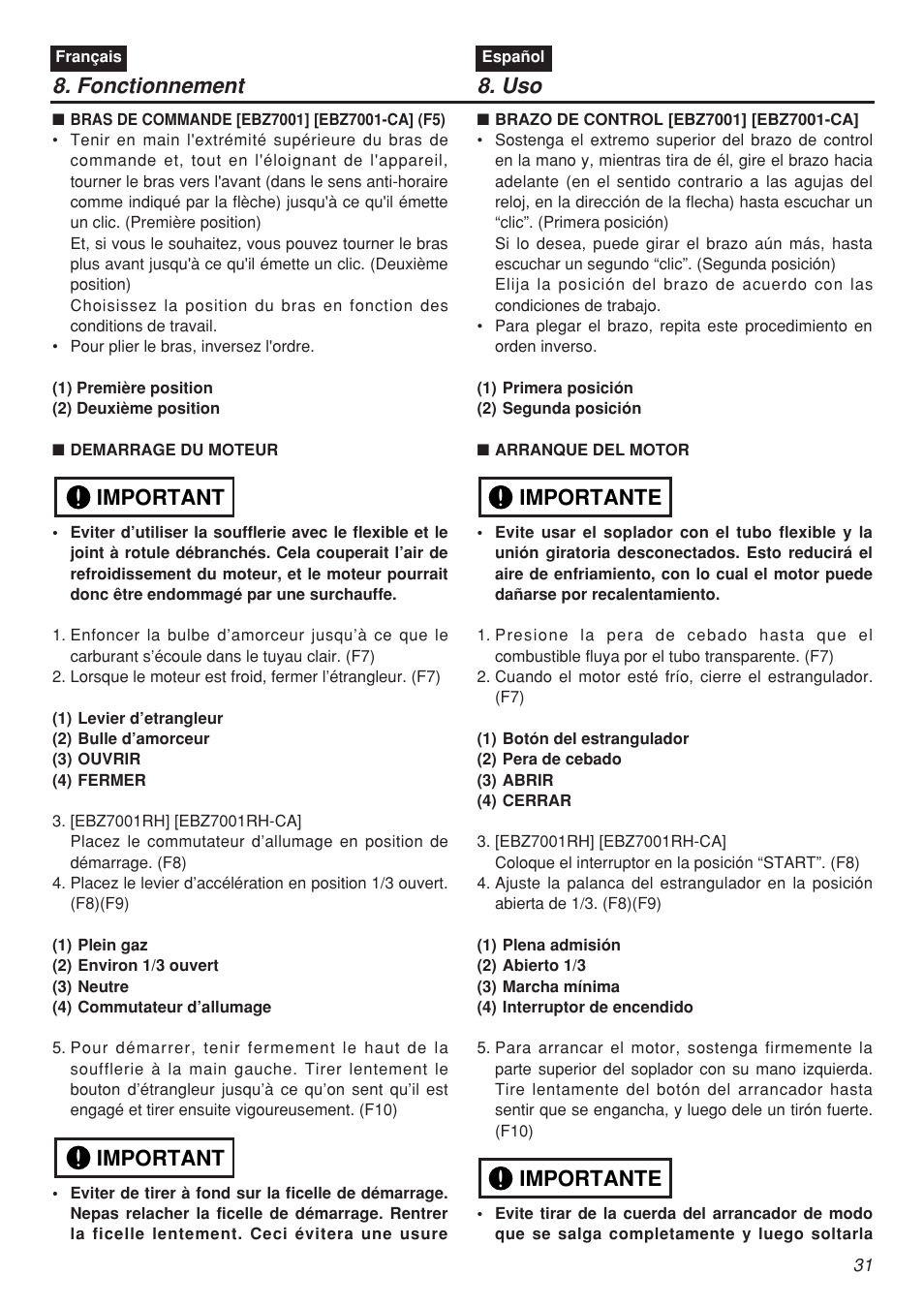 Fonctionnement 8. uso, Important, Importante | Zenoah EBZ7001-CA User Manual | Page 31 / 60