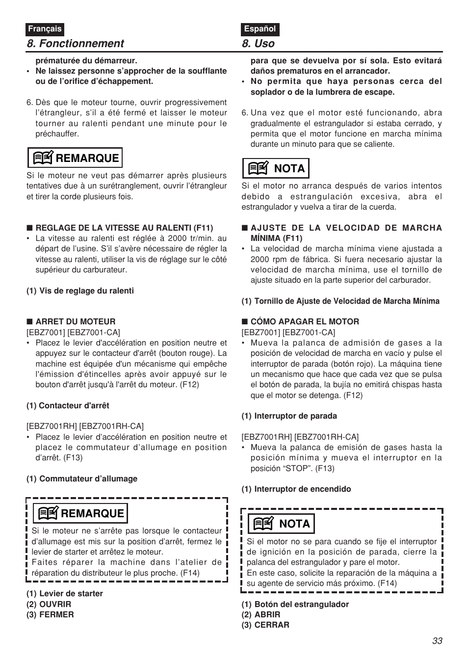 Fonctionnement 8. uso, Remarque, Nota | Zenoah EBZ7001-CA User Manual | Page 33 / 60