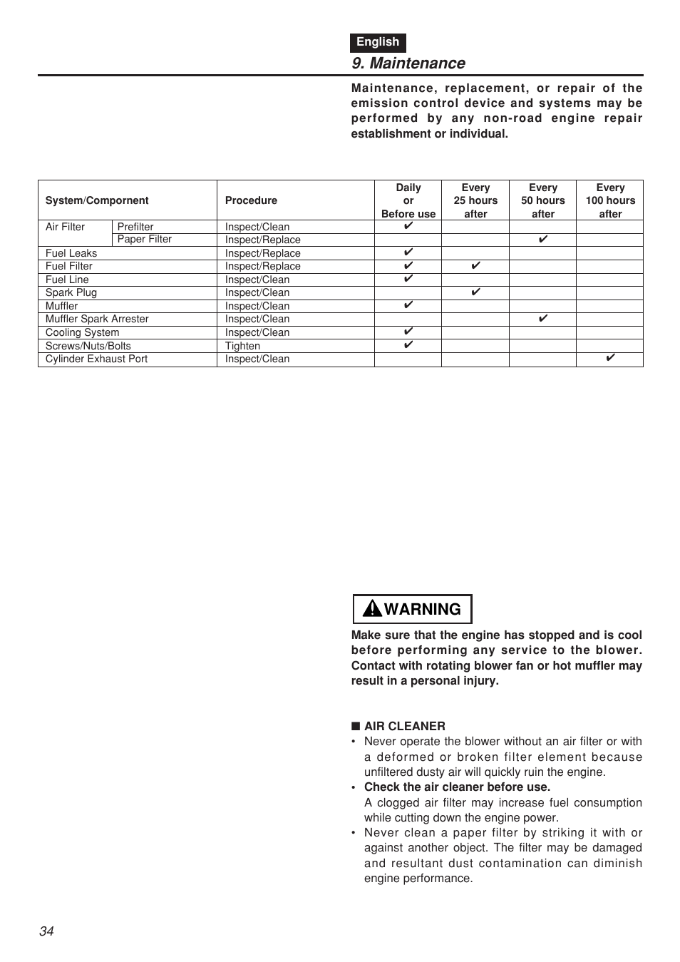 Maintenance, Warning | Zenoah EBZ7001-CA User Manual | Page 34 / 60