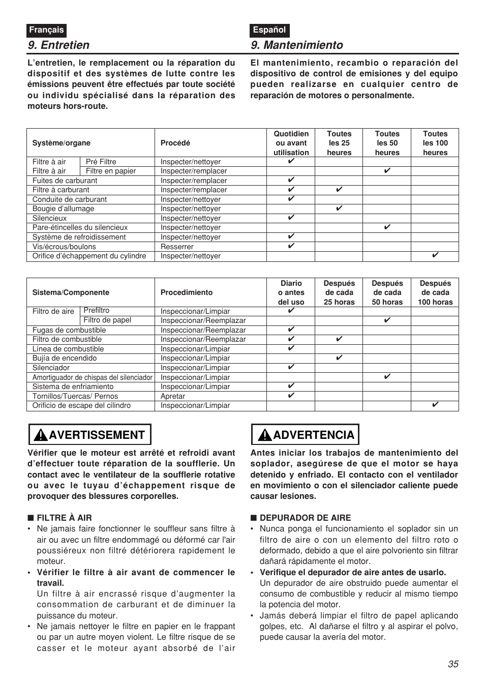 Entretien, Avertissement, Advertencia | Mantenimiento | Zenoah EBZ7001-CA User Manual | Page 35 / 60