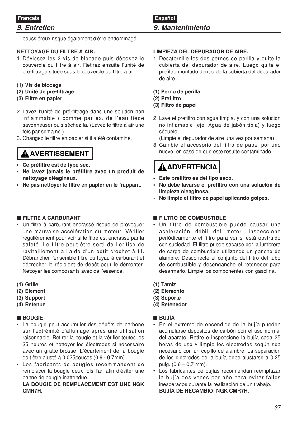 Entretien 9. mantenimiento, Avertissement, Advertencia | Zenoah EBZ7001-CA User Manual | Page 37 / 60