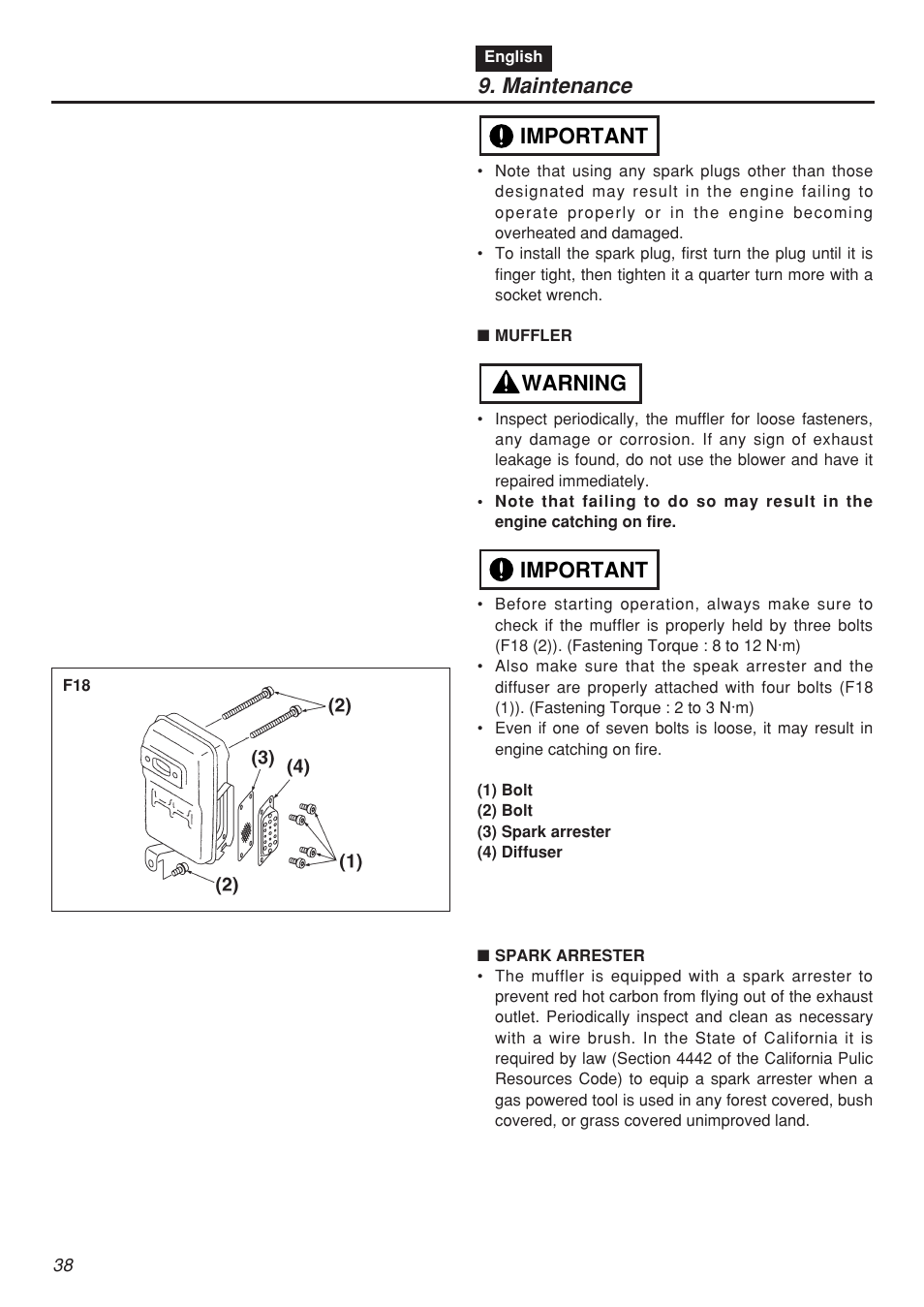 Maintenance, Important warning important | Zenoah EBZ7001-CA User Manual | Page 38 / 60